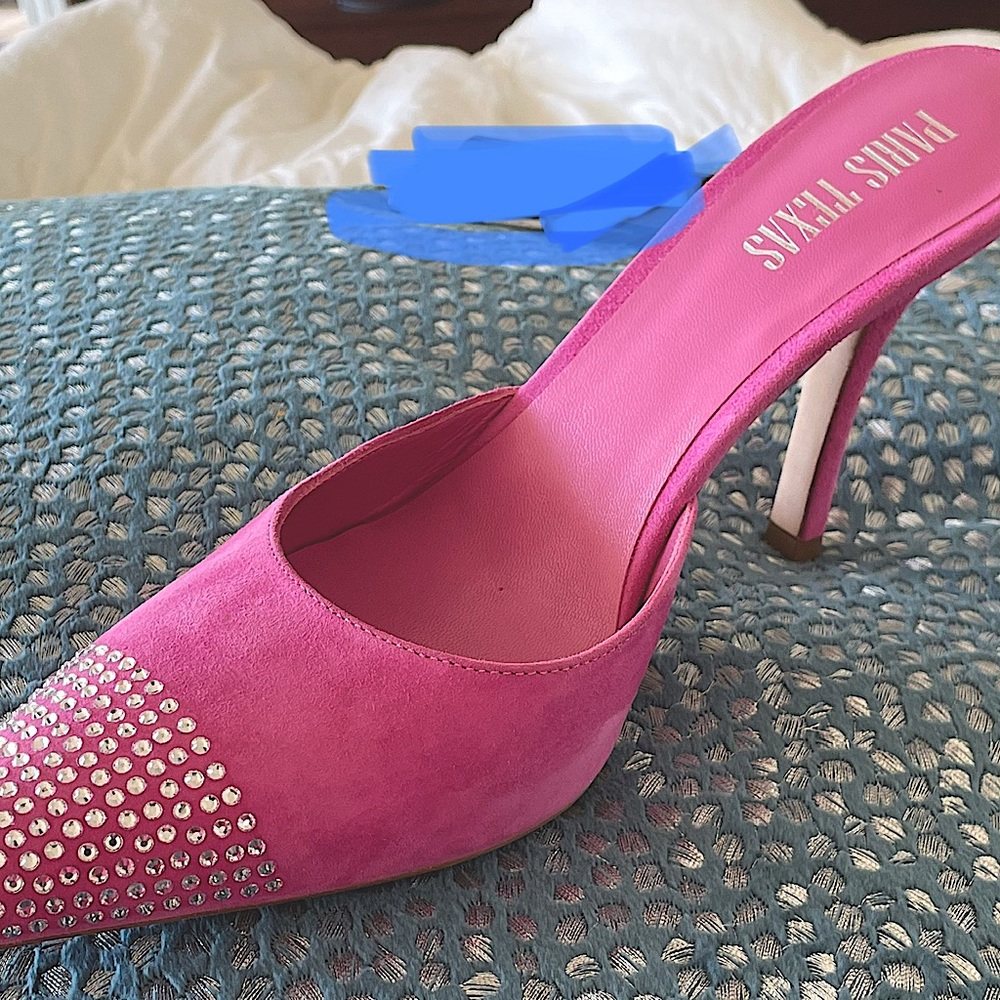 Brand new Paris Texas Orchidea Mules. Pink suede with crystals.